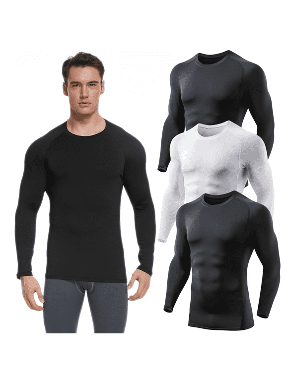 3 Pack Men Athletic Base Layer Dry Fit Long Sleeve Workout Running Shirts