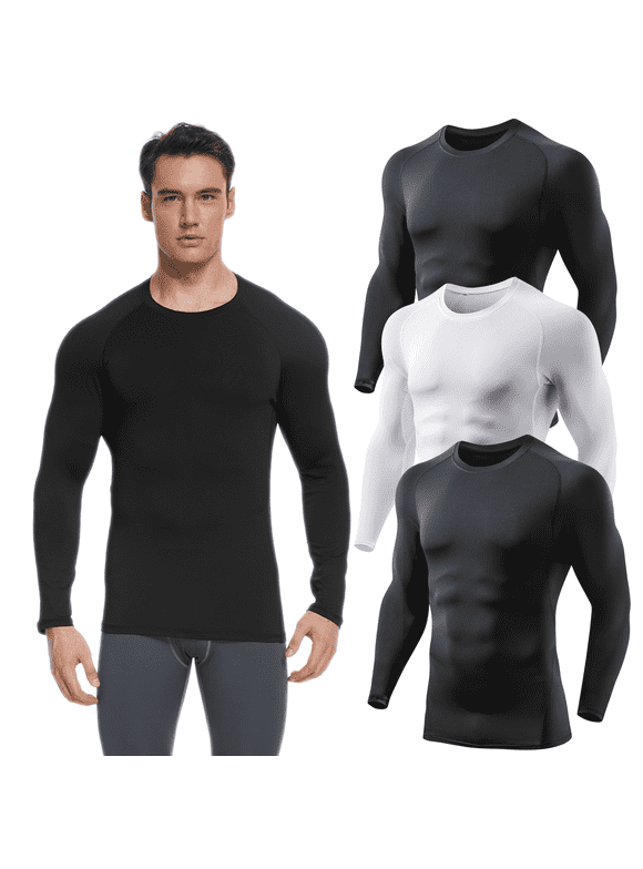 3 Pack Men Athletic Base Layer Dry Fit Long Sleeve Workout Running Shirts