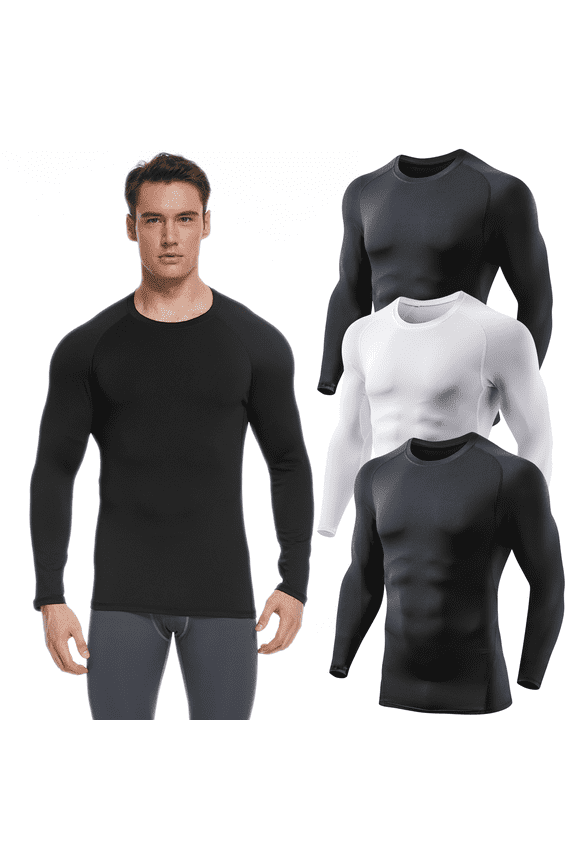 3 Pack Men Athletic Base Layer Dry Fit Long Sleeve Workout Running Shirts