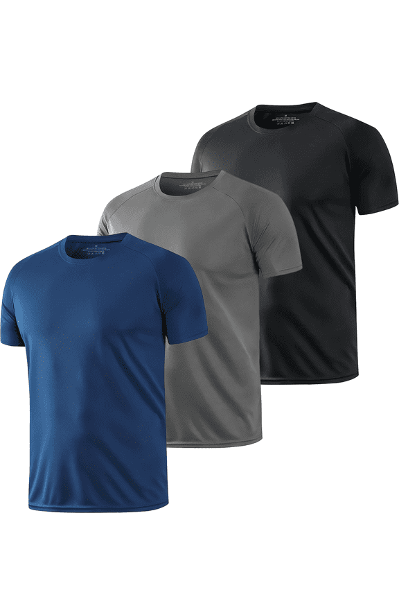 Men's 3 Pack Running Shirts, Dry Fit Wicking Athletic T Shirts, Breathable Lightweight Short Sleeve Workout Tops for Gym Fitness ,Size L