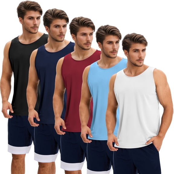 TELALEO 5 Pack Men's Quick Dry Tank Tops Breathable Sleeveless Muscle Shirts for Active Men, Size L