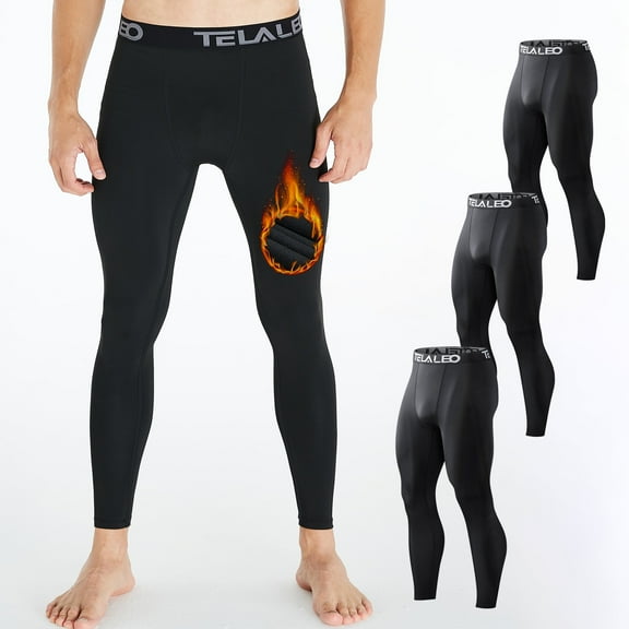 TELALEO Mens Thermal Pants Fleece Lined Bottoms Sports Tights Base Layer, 3 Pack, Black, Size L