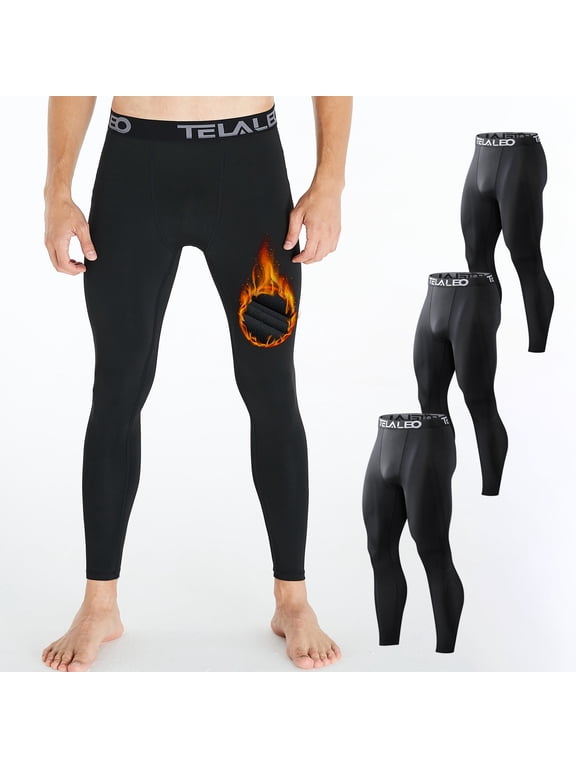 Mens Thermal Pants Fleece Lined Bottoms Sports Tights Base Layer, 3 Pack, Black, Size 2XL