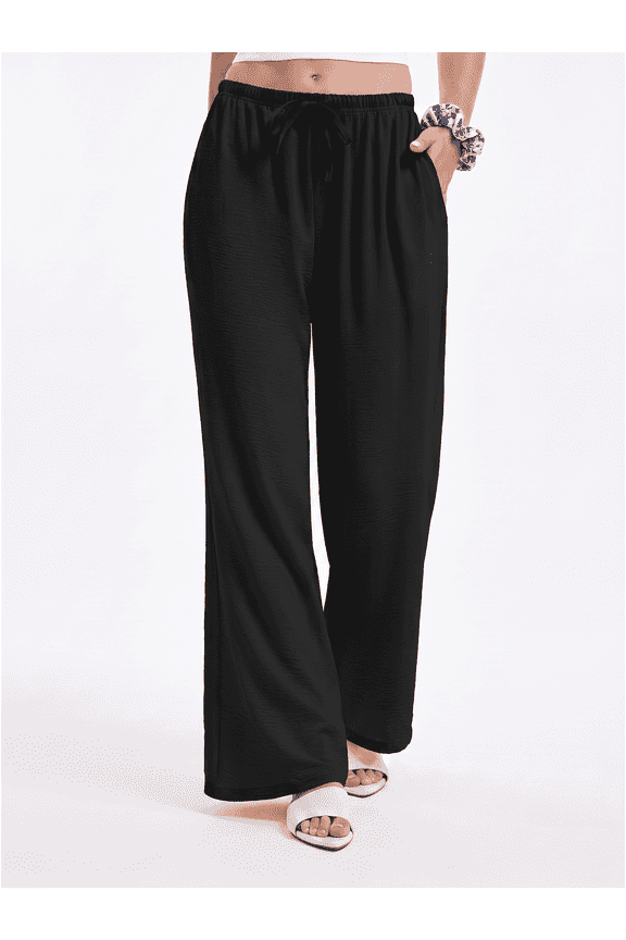 Women's Wide Leg Palazzo Pants, Flowy Drawstring Elastic Waist Trousers with Pockets, Summer Casual Beach Vacation Pants Size 2XL