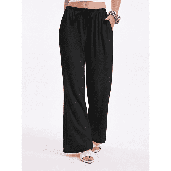 TELALEO Women's Wide Leg Palazzo Pants, Flowy Drawstring Elastic Waist Trousers with Pockets, Summer Casual Beach Vacation Pants Size L