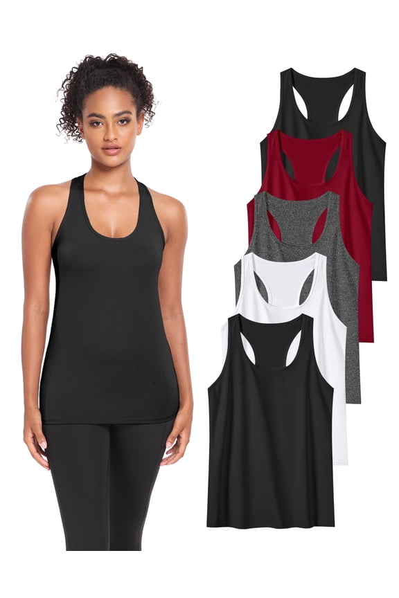 Womens Workout Yoga Tank Top Running Athletic Sleeveless Shirts 5 Pack,Black/White/Grey/Red/Black,Size M