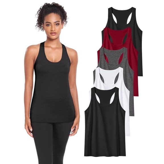 TELALEO Womens Workout Yoga Tank Top Running Athletic Sleeveless Shirts 5 Pack,Black/White/Grey/Red/Black,Size S