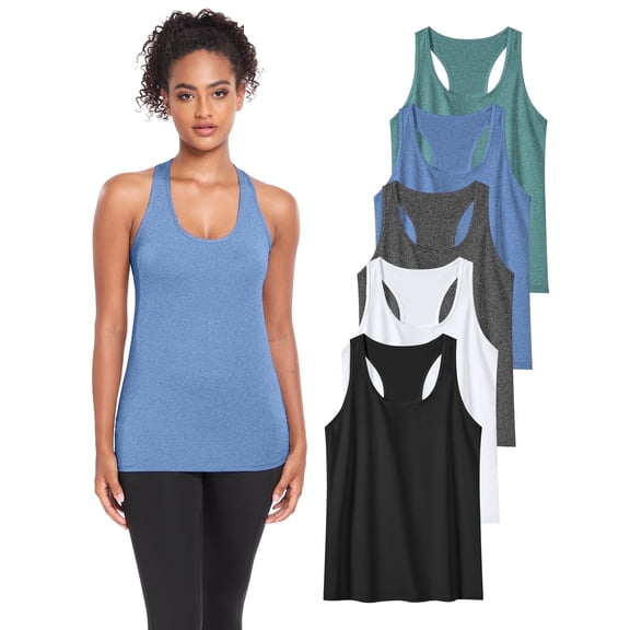 TELALEO Womens Workout Yoga Tank Top Running Athletic Sleeveless Shirts 5 Pack,Black/Grey/White/Blue/Green,Size L
