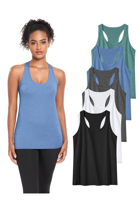 Womens Workout Yoga Tank Top Running Athletic Sleeveless Shirts 5 Pack,Black/Grey/White/Blue/Green,Size S