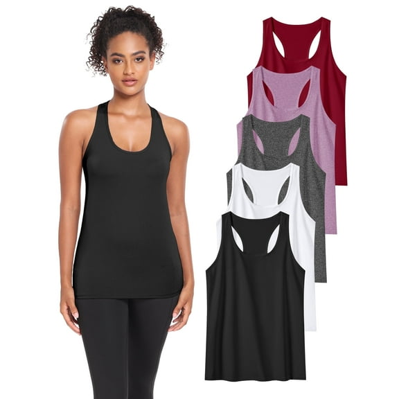 TELALEO Womens Workout Yoga Tank Top Running Athletic Sleeveless Shirts 5 Pack,Black/Grey/White/Red/Purple,Size L