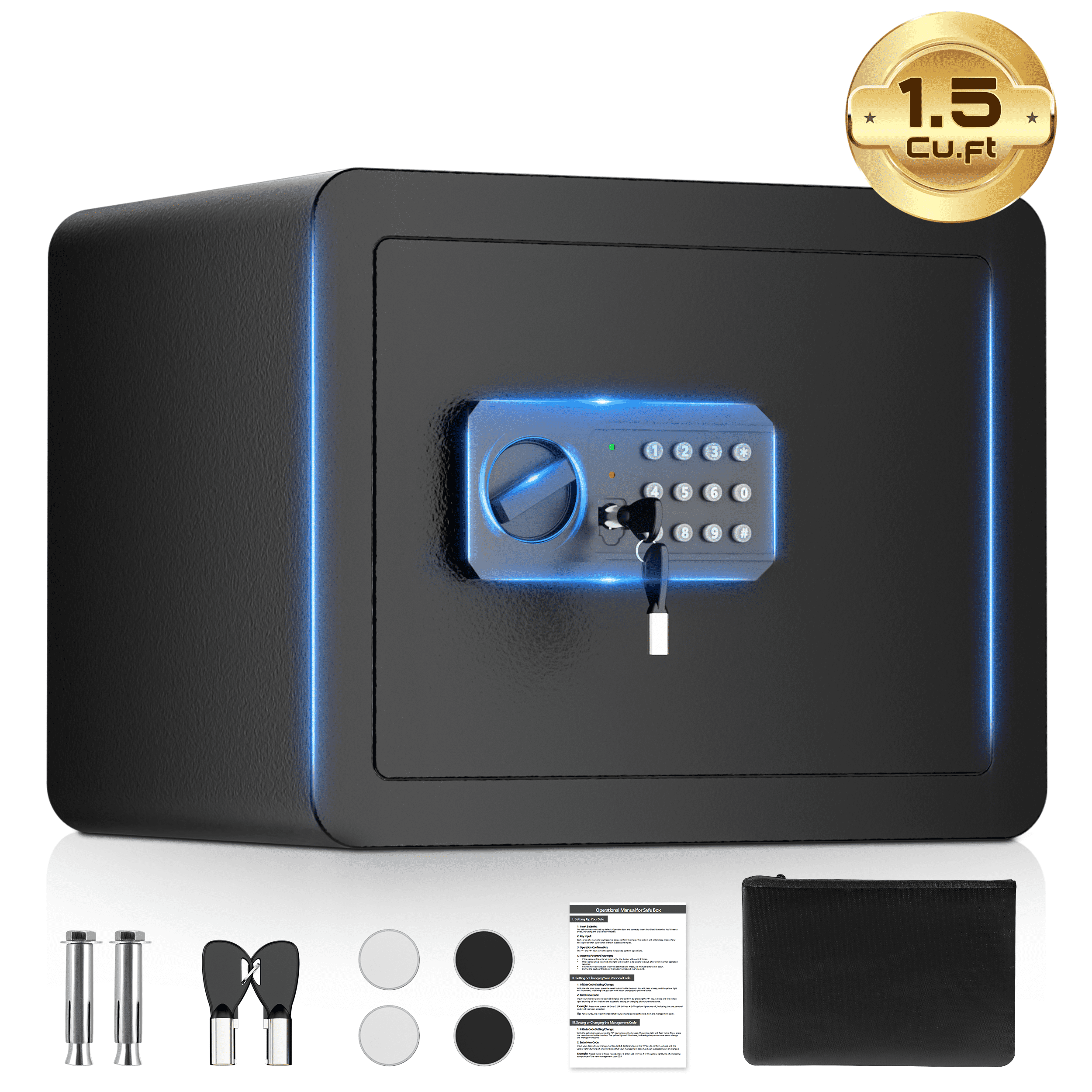 SRWTRCHRY  1.5 Cu.ft Personal Safe Boxes, Home Safe with Password Unlock and Security Alarm Program, Floor Safe with Large Storage Space and Waterproof Fire Bag