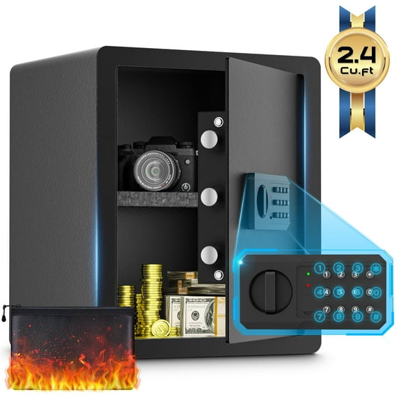 SRWTRCHRY 2.4 Cu.ft Personal Safe Boxes, Home Safe with Password Unlock and Security Alarm Program, Floor Safe with Large Storage Space and Waterproof Fire Bag