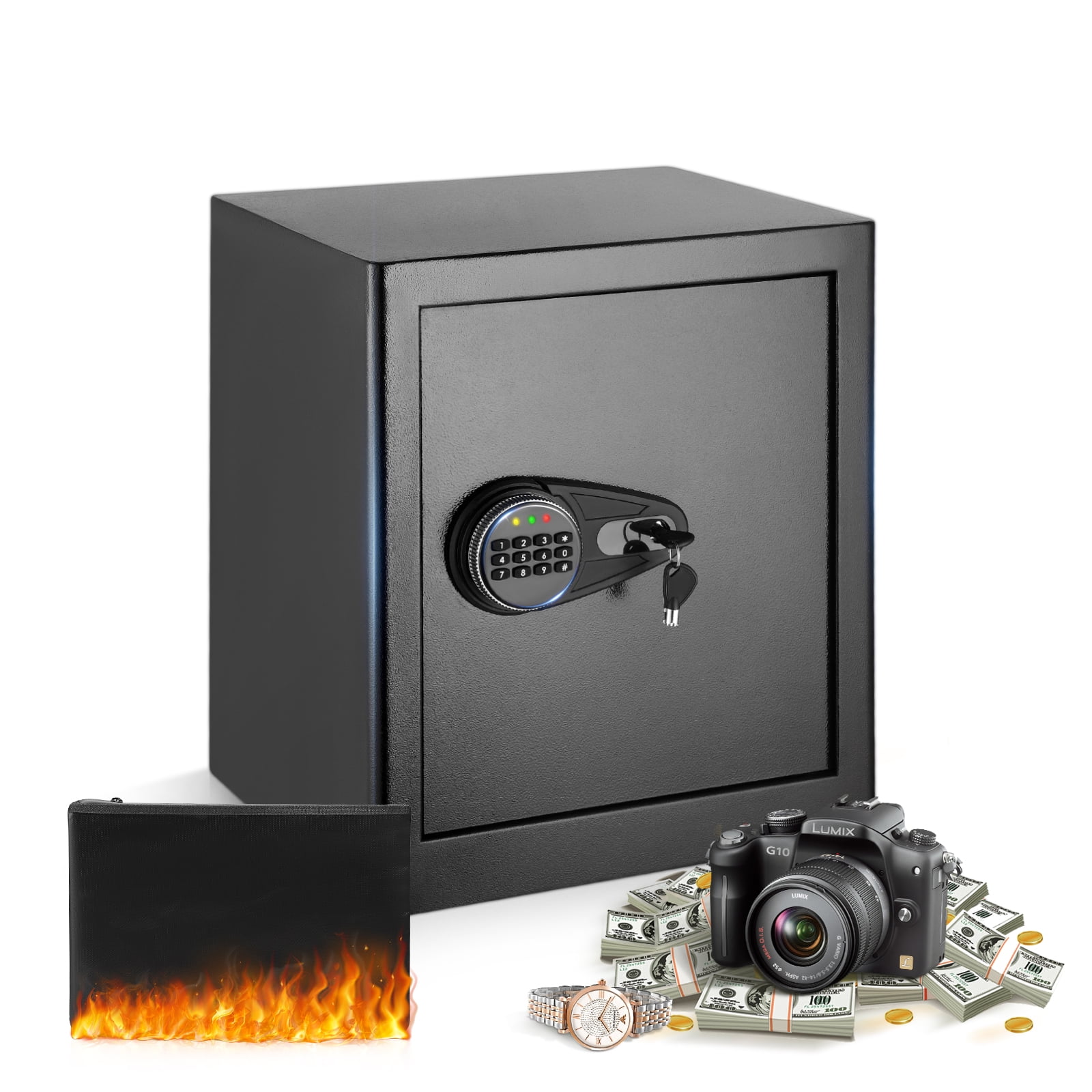 SRWTRCHRY 2.4 Cu.ft Personal Safe Boxes, Home Safe with Password Unlock and Security Alarm Program, Floor Safe with Large Storage Space and Waterproof Fire Bag
