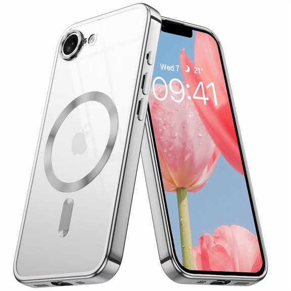 TELASO Magnetic Clear for iPhone 16e Case ，Compatible with Mag-Safe Luxury Plating Edge Slim Soft Tpu Cover Protective Phone Case for iPhone 16e 6.1", Silver