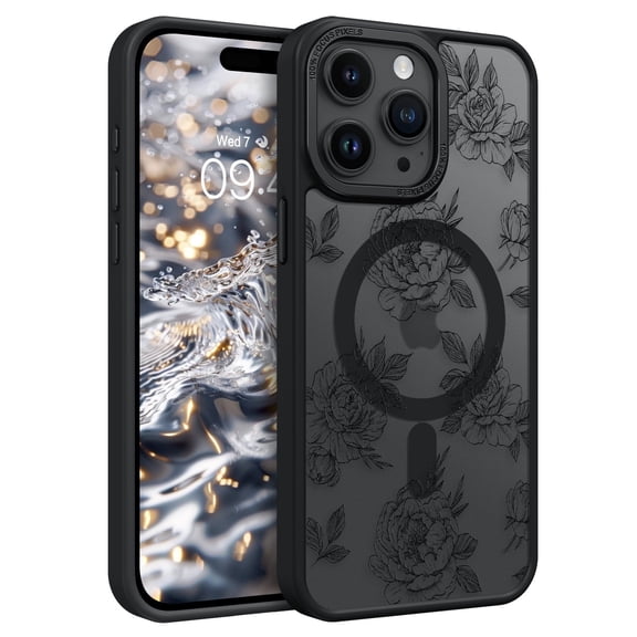 TELASO for iPhone 15 Pro Case with Rose Compatible with Mag-Safe 6.1" Magnetic Translucent Matte Case for iPhone 15 Pro Black