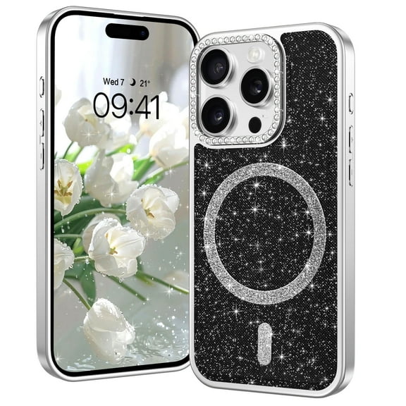 TELASO for iPhone 15 Pro Case Glitter Compatible with Mag-Safe Magnetic 6.1" Shockproof Women Girl Protective Cute Case for iPhone 15 Pro Black