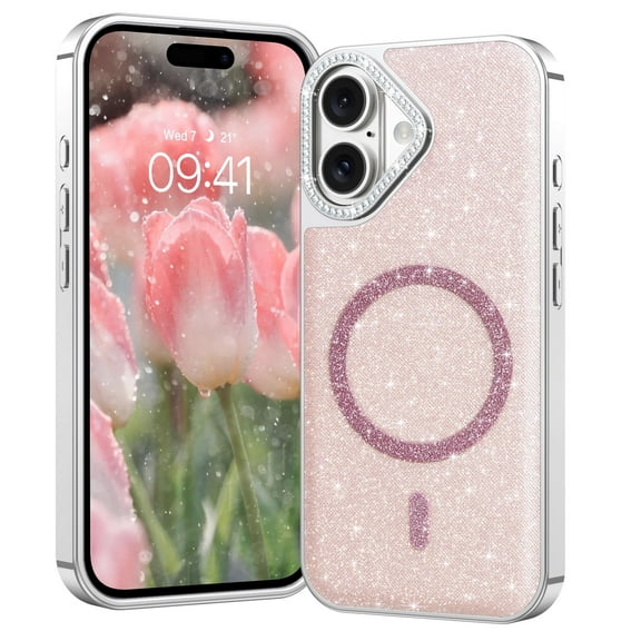 TELASO Magnetic for iPhone 16, Soft Sparkly Glitter iPhone 16 Case,Compatible with Mag-Safe,Shockproof Cute Women Girl Protective Cover Case for iPhone 16 6.1",Pink