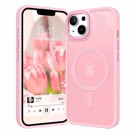 TELASO for iPhone 13 Case / iPhone 14 Case with Flower Compatible with Mag-Safe Magnetic Case 6.1" Translucent Matte Slim Protective Case for iPhone 13 / iPhone 14 Pink