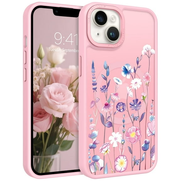 TELASO for iPhone 13 Case/iPhone 14 Case,Cute Wisteria Flower Pattern,Magnetic Case Compatible with Mag-Safe Translucent Matte Slim Protective Case for iPhone 13/iPhone 14,6.1" Pink