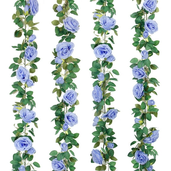 TELDRASSIL 4Pcs(26 FT) Artificial Rose Vine Fake Flower Garland Fake Silk Rose Hanging Vine for Wedding Party Background Arch Garden Background Decoration (Blue)