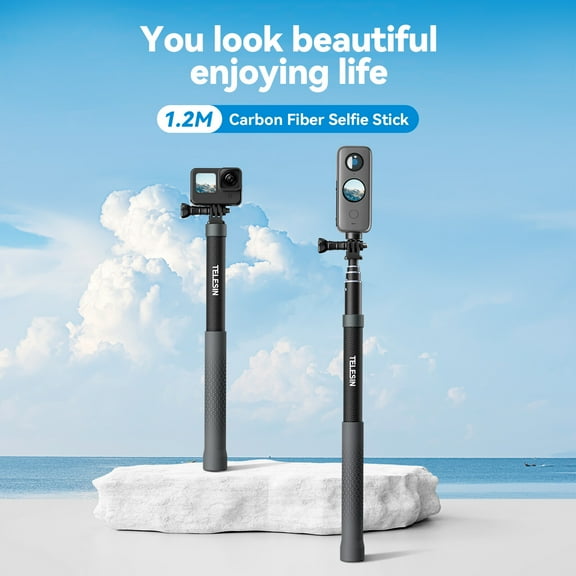 TELESIN 1.2M Carbon Fibre Selfie Stick Extendable for GoPro 13 12 11 10 Insta360