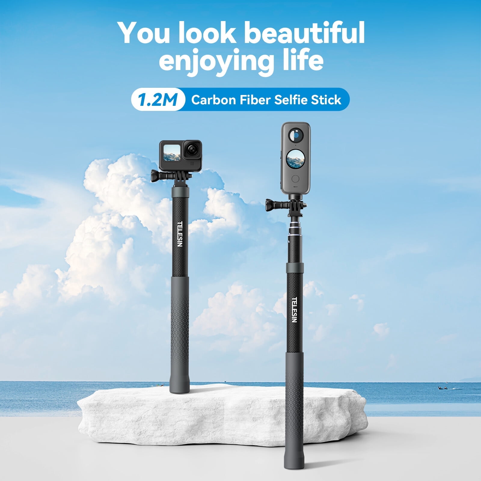 TELESIN 1.2M Carbon Fibre Selfie Stick Extendable for GoPro 13 12 11 10 ...