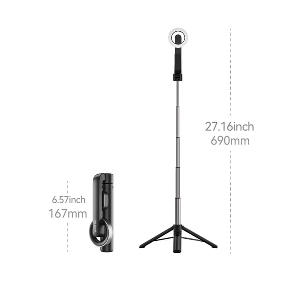 TELESIN 27.1-inch / 68.8 cm Magnetic Selfie Stick & Extendable Desktop Tripod with 360-Degree Rotatable Mount, Wireless Remote Control, and Magnet Ring for Smartphones (Black)