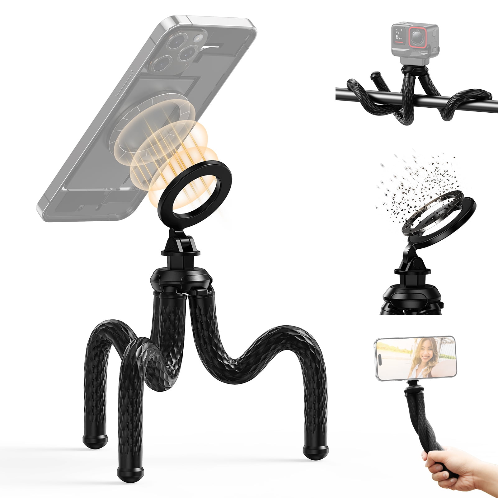 TELESIN Magnetic Flexible Tripod for Smartphone;Mini Bendable Tripod Phone Stand for 2kg Load Capacity Stroller Treadmill Tube Bike Motorcycle Arm Phone Holder Selfie Stick for Video Recording