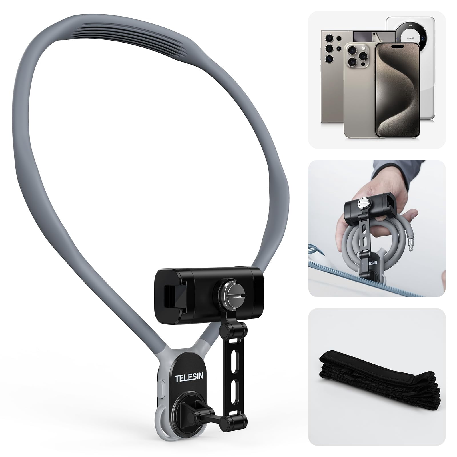 TELESIN Neck Phone TWE5Holder POV/Vlog Neck Mount for Phone Clip, Hands Free Phone Neck Holder w Chest Strap Neck Selfie Mount Video Recording for iPhone Samsung Google Pixel and All Phones