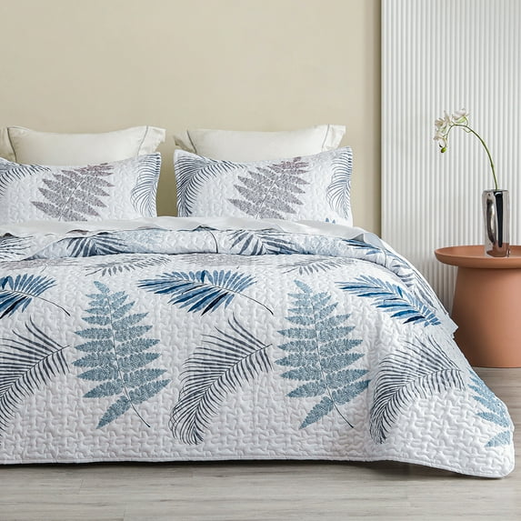 TELIZ Teal Leaves Printed California King Quilt Set Botanical Bedding Sets with 1 Quilt& 2 Pillowcases,White