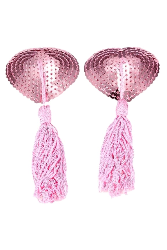 1 Pair Nipple Cover - Heart Shaped Reusable Breast Pasties With Sequins Tassel For Women, Nylon And Spandex Fabric