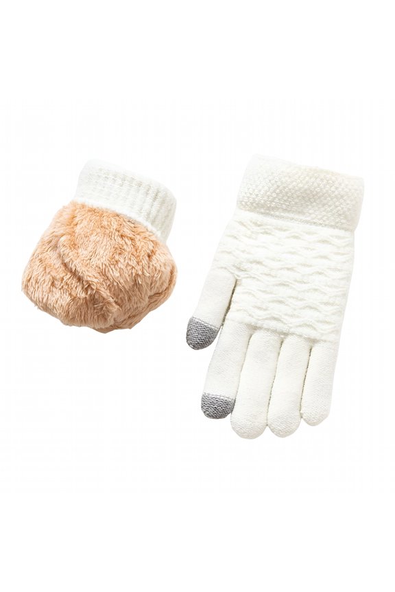 1 Pair Women Winter Gloves Double-Layer Thickened Plush Jacquard Knitted Five Fingers Unisex Anti-Slip Cold Weather Driving Golfing Skiing Skating Gloves