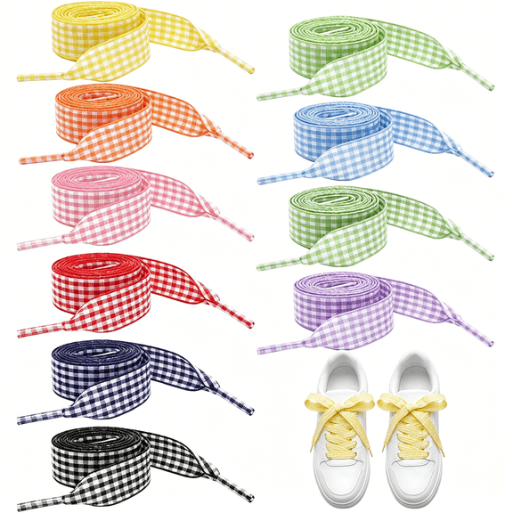TELOLY 10 Pairs Gingham Shoe Laces Fashion Soft Checkered Ribbon Shoelaces Colorful Shoe Ties for Women 47In Long