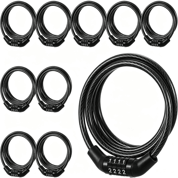 TELOLY 10 Pcs Bike Locks with Combination, 3.28 Ft Bike Lock Cable Heavy Duty Pvc Coated Steel Wire, 4 Digit Locks Anti Theft Bikes Lock for Bicycle Scooter Gate Toolbox Black 0.24 Inch Diameter
