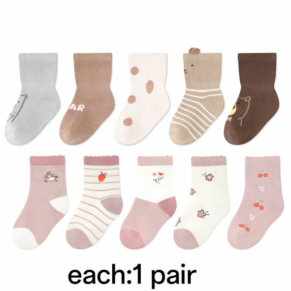 TELOLY 10Pairs Toddler Socks,Cotton Socks for 5-8 Years Old Toddler Girl Socks,Simple Design Simple to Match Kids Socks,Colormixing3,L