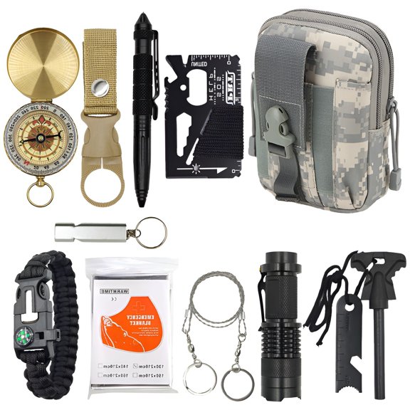TELOLY 11-In-1 Survival Kit, Tactical Gear Set with Flashlight and 5-1 Bracelet, Emergency Tools for Camping
