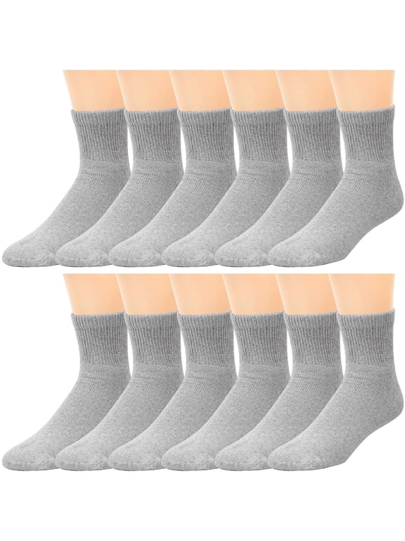 12 Pack Diabetic Socks for Men Women Non Binding Quarter Ankle Socks Cotton Blend for Neuropathy Edema Circulation Size 10-13 Gray