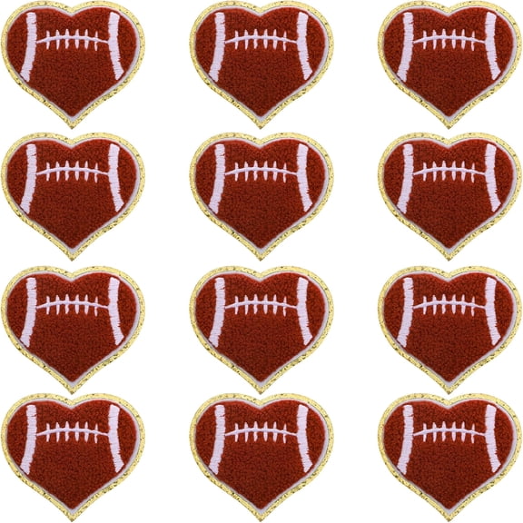 TELOLY 12 Pack Football Iron on Patches Football Heart Patch,Gold Edges Chenille Embroidered Patches Appliques Garment Embellishments for DIY Clothing Jackets Hat Backpack,Brown