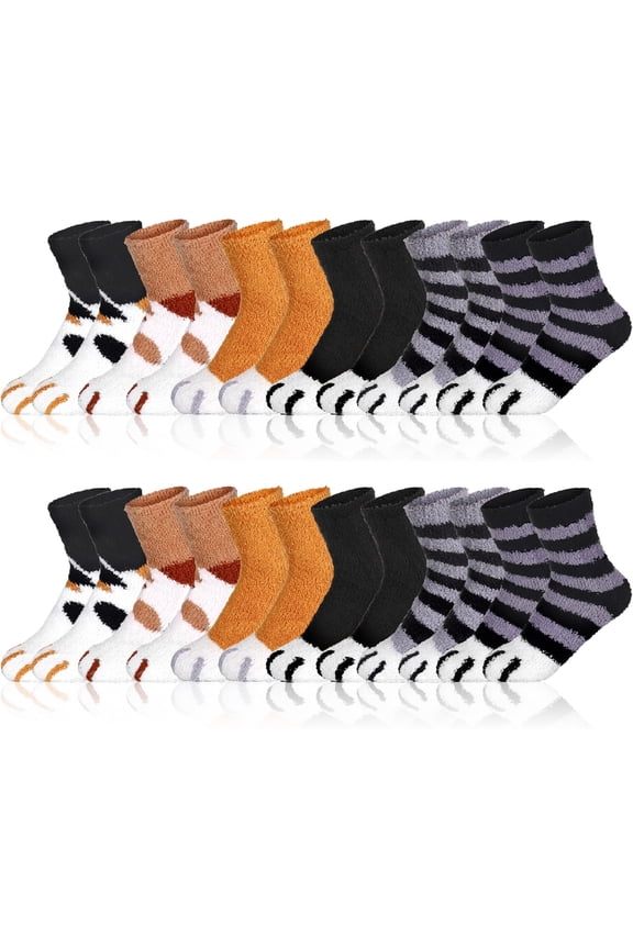 12 Pairs Cat Socks for Women-Womens Fuzzy Socks,Fuzzy Claw Socks Ultra-Soft Fluffy Crew Socks,Cozy Plush Sleeping Slipper Socks for Winter Home