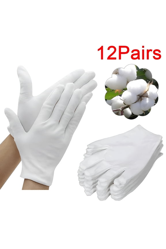 12 Pairs White Cotton Gloves for Dry Hands Inspection Photo Jewelry Serving Costume Eczema Moisturizing Spa, One Size Fit Most