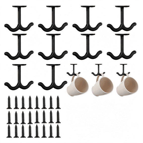 TELOLY 12 Pcs Zinc Alloy Double Hook,Ceiling and under Shelf Hooks with Screws for Wardrobe,Cabinet,Garage,Coat,Towel and Hat,Mug Hooks under Cabinet