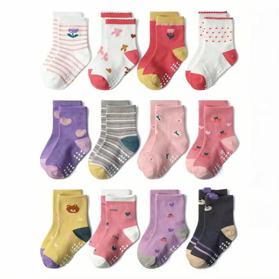TELOLY 12Pairs Kids Socks,0-1 Years Old Non Slip Socks,Mid-Calf Length Baby Girl Socks,Style10,S