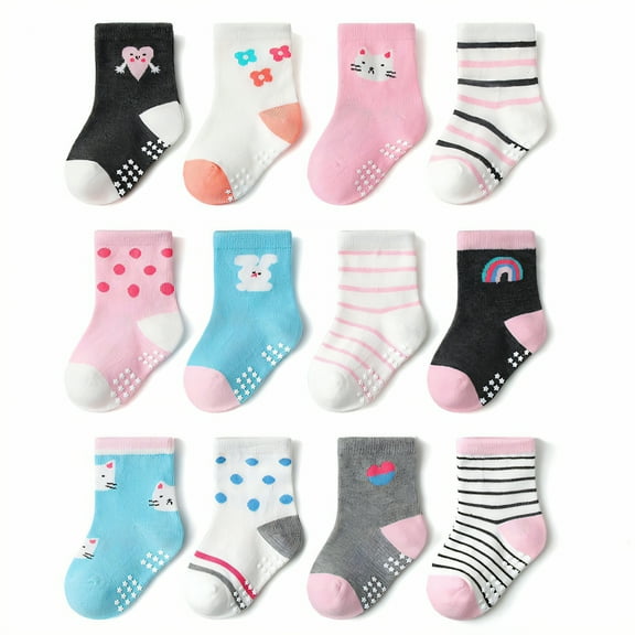 TELOLY 12Pairs Kids Socks,0-1 Years Old Non Slip Socks,Unisex Design Baby Girl Socks,Combination9,S