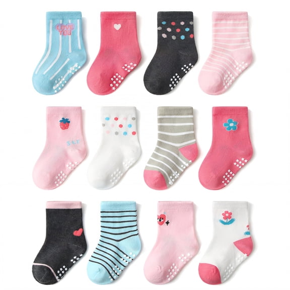 TELOLY 12Pairs Kids Socks,0-1 Years Old Non Slip Socks,Wide Cuff, No Tightness Baby Girl Socks,Combination8,S