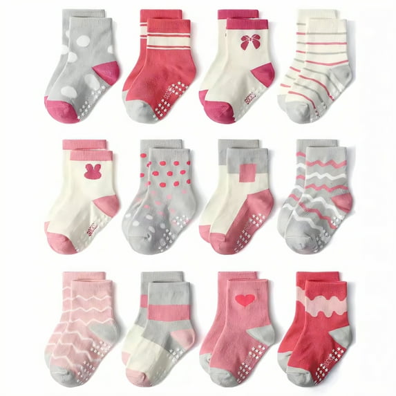 TELOLY 12Pairs Kids Socks,0-1 Years Old Non Slip Socks,Wide Cuff, No Tightness Baby Girl Socks,Style14,S