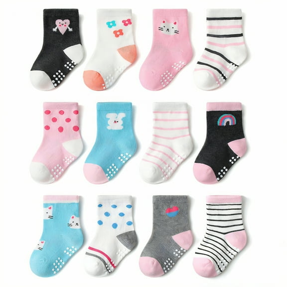 TELOLY 12Pairs Kids Socks,3-5Years Old Non Slip Socks,Mid-Calf Length Baby Girl Socks,Combination7,L