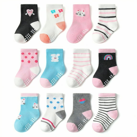 TELOLY 12Pairs Kids Socks,3-5Years Old Non Slip Socks,Mid-Calf Length Baby Girl Socks,Combination7,L
