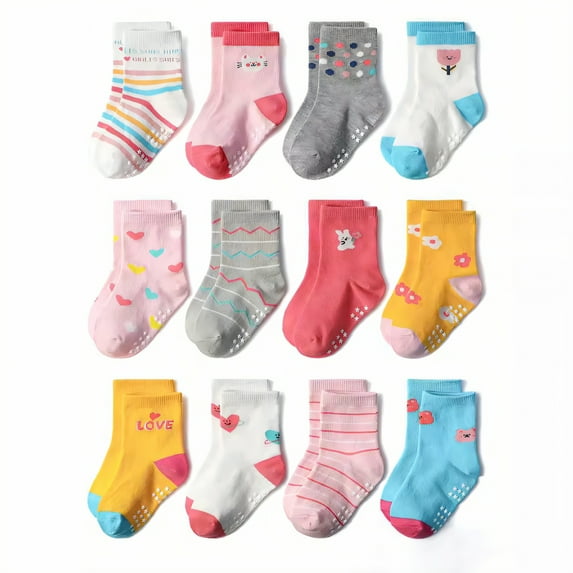 TELOLY 12Pairs Kids Socks,3-5Years Old Non Slip Socks,Mid-Calf Length Baby Girl Socks,Style10,L