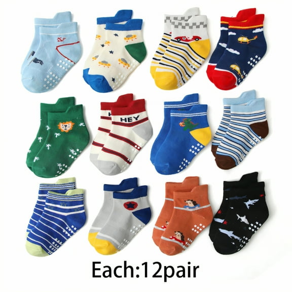 TELOLY 12Pairs Toddler Socks,Strong Anti-Slip Feature,Ensures Safety Kids Socks,Suitable for Active Babies,Enhances Mobility Toddler Boy Socks,Colormixing1,S