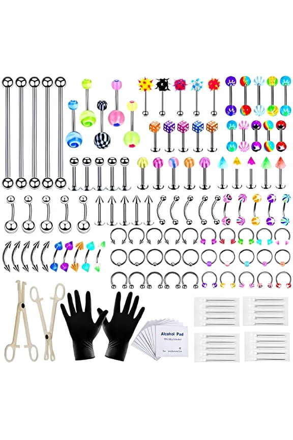 140PCS Colorful Piercing Kit with 14G 16G Stainless Steel Acrylic Nose Septum Piercing Kit for All Body Piercing Ear Industrial Barbell Horseshoe Earring Lip Tongue Tragus Belly Button Rings